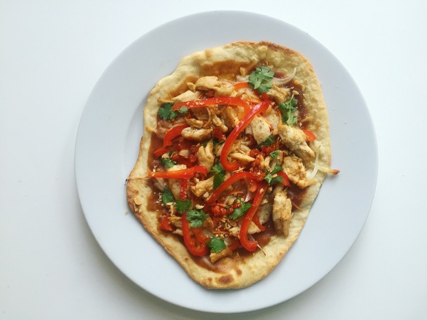 Thai chicken pizza on homemade naan (totes love the homemade naan)